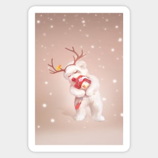 Little Girl Hugging Dog in Reindeer Antlers Sticker